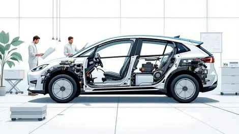 Illustrated modern electric car side view with internal components engineers