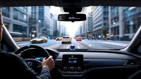 Realistic self driving car dashboard alert driver city street sensor monitor