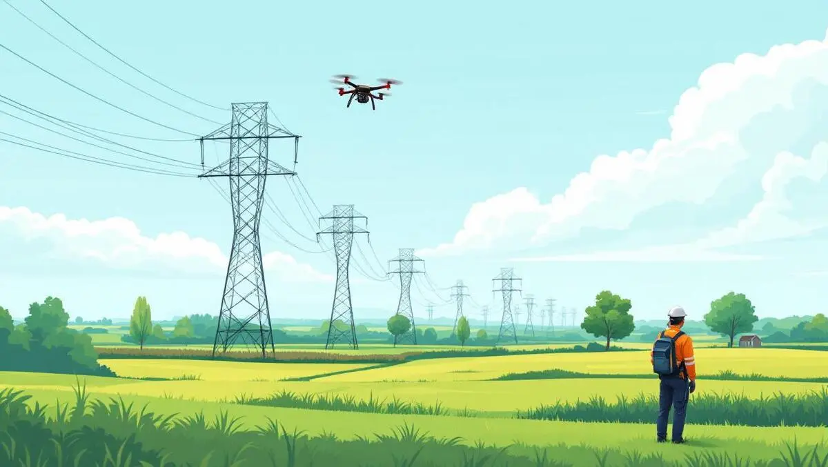 Small quadcopter drone flying above rural powerlines english countryside