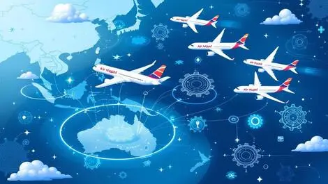 Air niugini airplanes flying over asia pacific map with gears digital elements