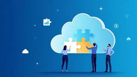 Business team connecting cloud shaped puzzle pieces collaboration finance software