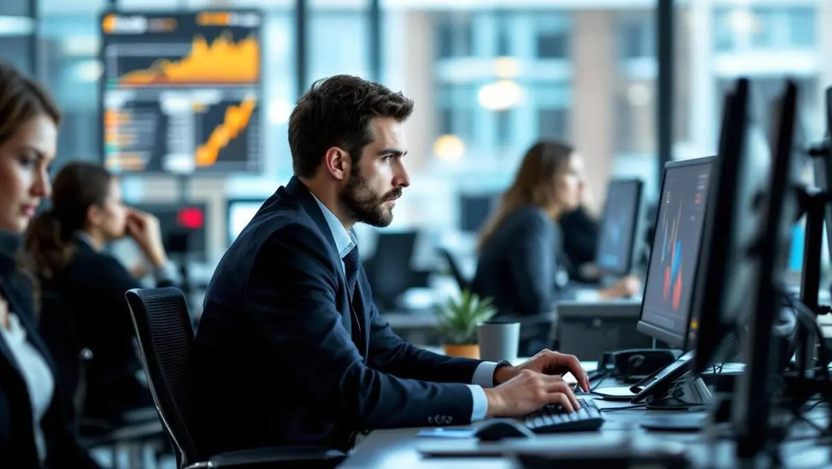 Uk office workers business attire computers financial office london data