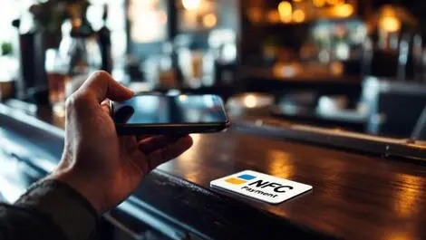Hand holding smartphone near nfc payment sticker on wooden bar counter