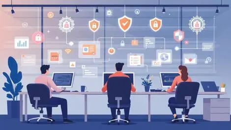 Office employees using computers with shields locks symbolizing security awareness