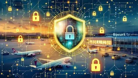 Realistic airport illustration airplanes retail store digital padlocks shields cybersecurity