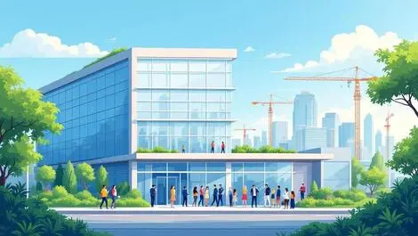 Modern office building sydney people entering greenery construction cranes