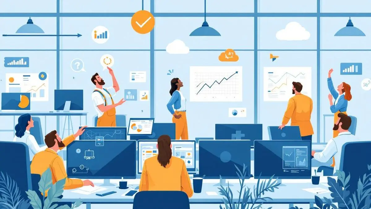 Uk government workers in office with digital charts clouds helping and confusion