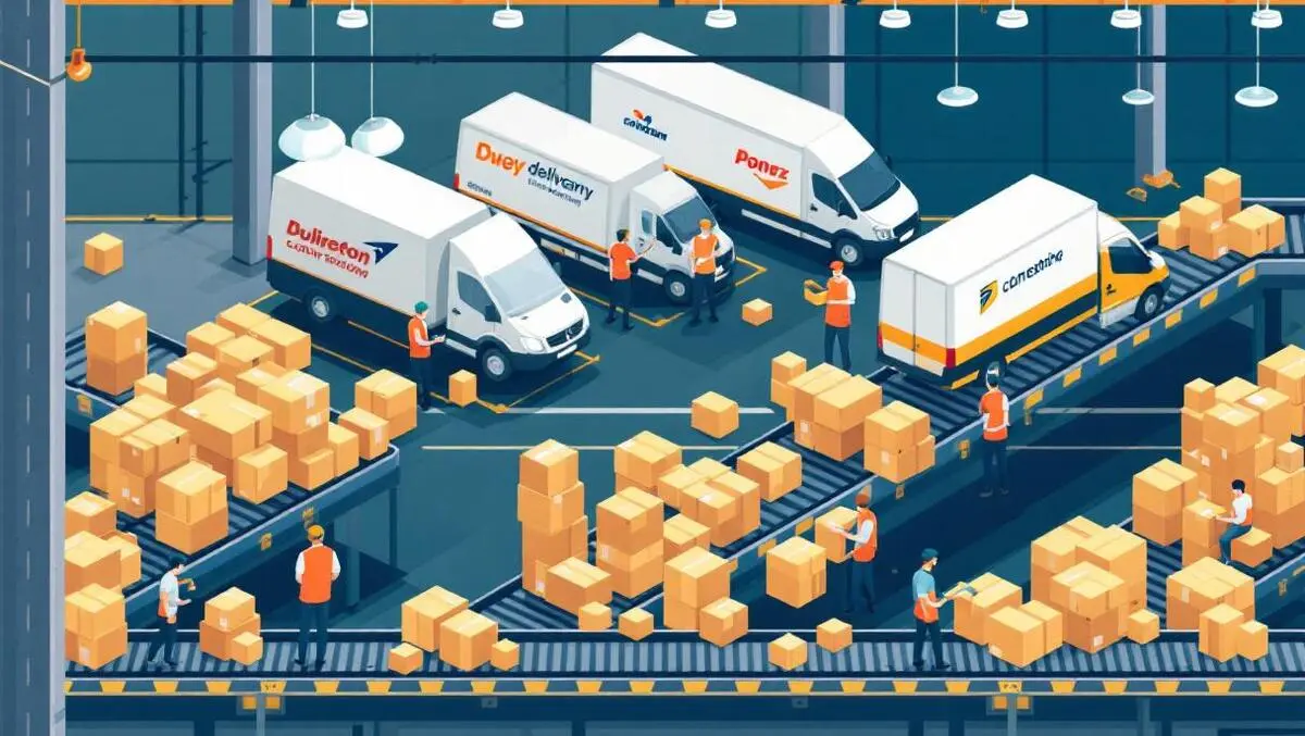 Warehouse parcels sorting conveyor belts delivery vans workers efficient