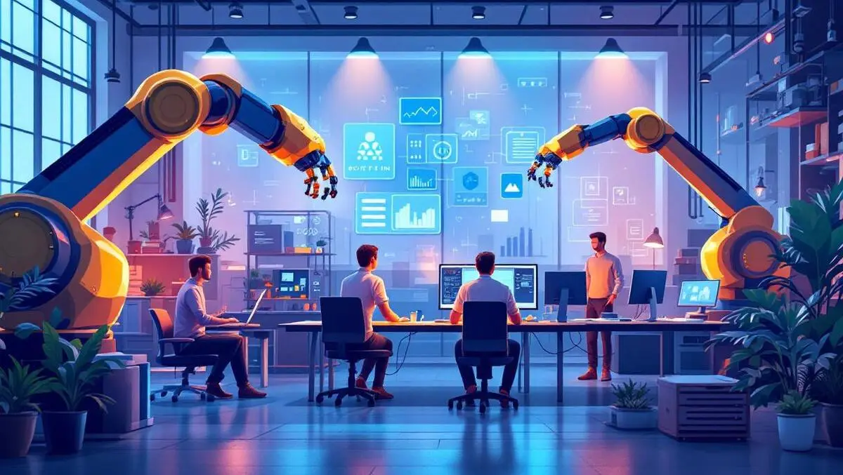 Modern illustration humans collaborating with robotic arms teamwork technology workspace