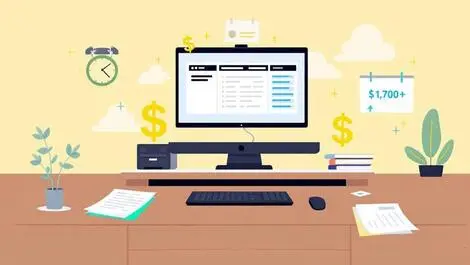 Australian office desk computer screen payroll interface calendar dollar signs