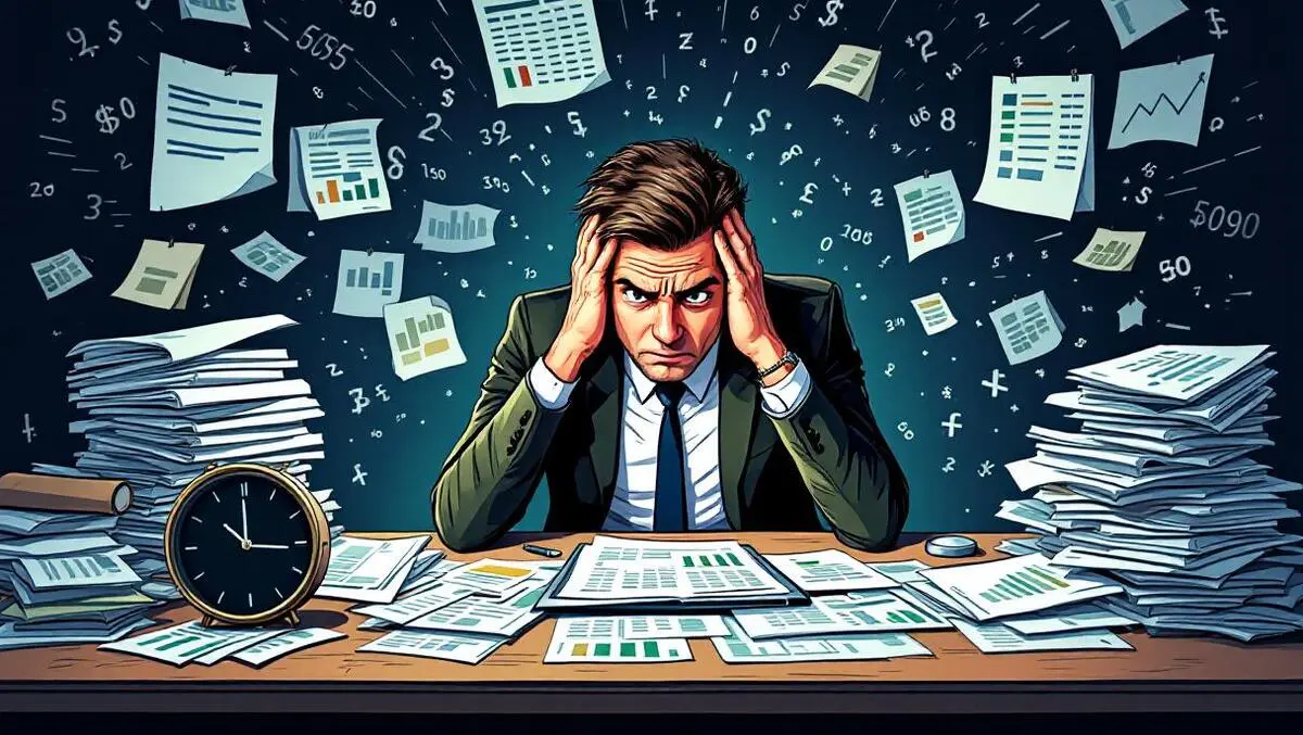 Worried business executive overwhelmed by spreadsheets financial documents chaos