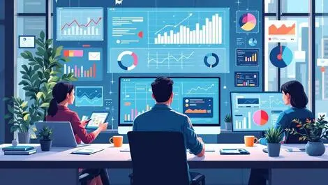 Modern office collaboration tech innovation growth data analytics devices