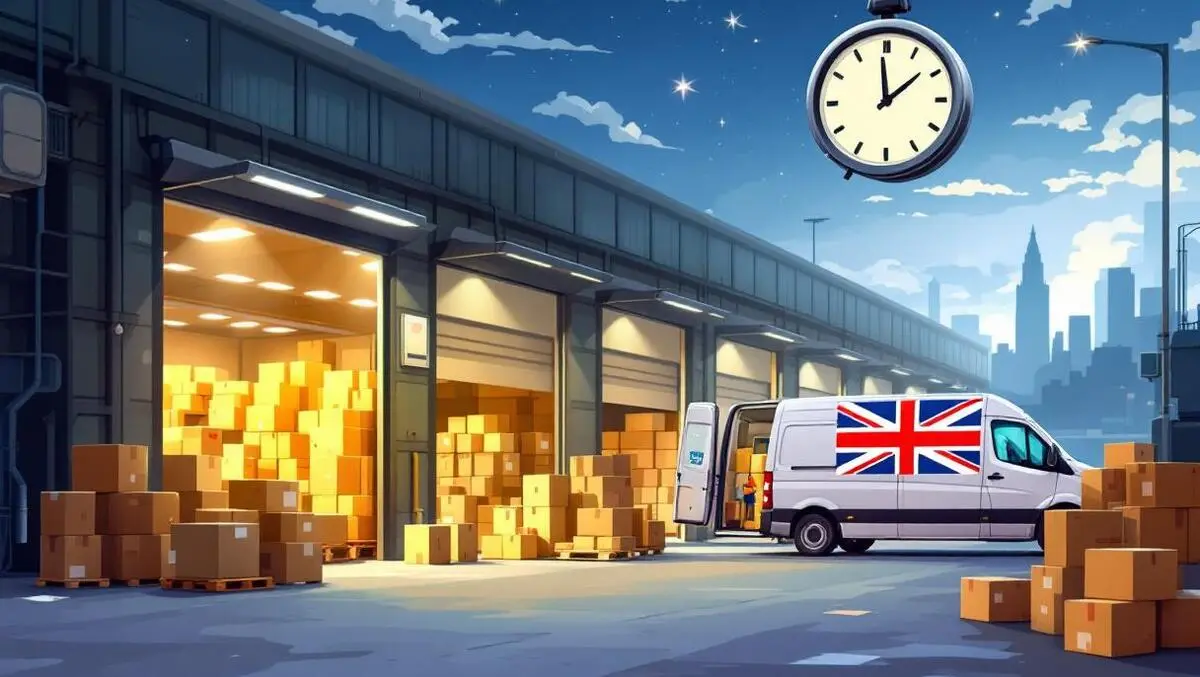 Detailed illustration warehouse delivery vans packages late night uk ecommerce logistics