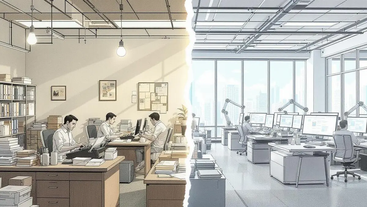 Illustration small office desks manual work modern office robotic assistants