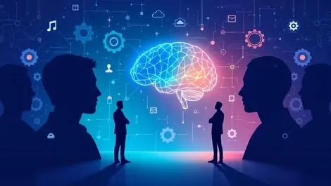 Human silhouettes hesitating before glowing abstract ai brain with gears data flow