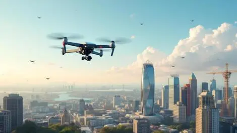 Advanced drones flying over australian city energy defence tech daytime