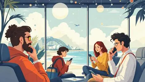 Australian travel scene people smartphones puzzled expressions digital ai connections