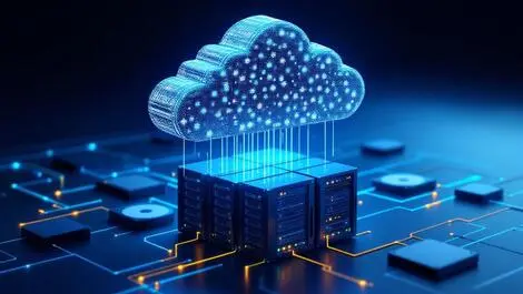 Realistic cloud interlocking digital tiles above interconnected server racks storage