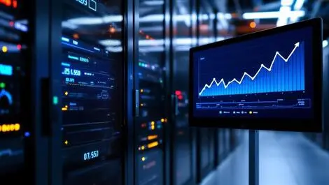 Realistic photo modern data center servers computer equipment upward chart nz business