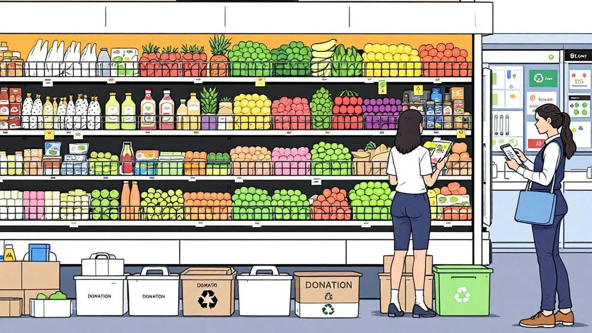 Supermarket shelves fresh produce staff checking digital device donation crates recycling bins