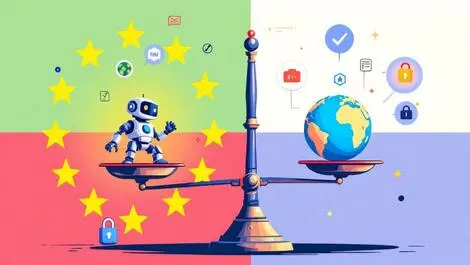 Balanced scale robot vs globe secure data privacy shields eu flag
