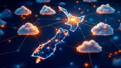 Interconnected clouds glowing lines over new zealand map cloud connectivity