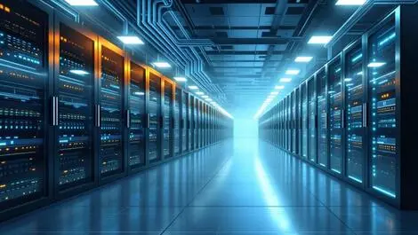 Realistic modern data centre interior rows server racks liquid cooling