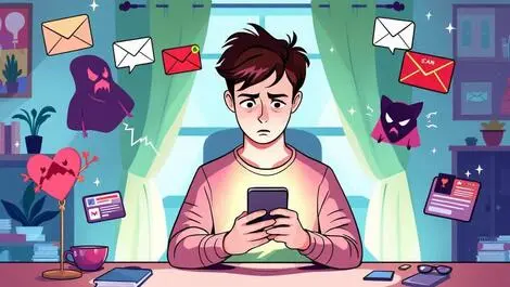 Worried young adult checking smartphone uk home scam emails texts