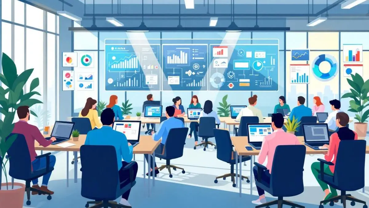 Modern open office people collaborating digital analytics workflows