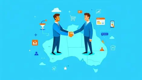 Business people handshake over australia map with digital marketing icons