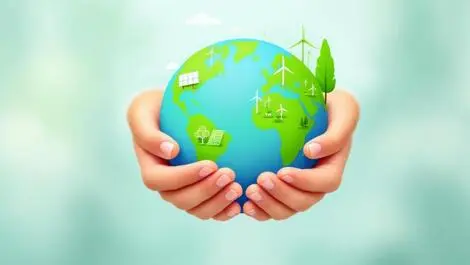 Hands holding green earth renewable energy symbols trees water environmental care