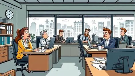 Uk office workers sitting desks traditional office space cityscape