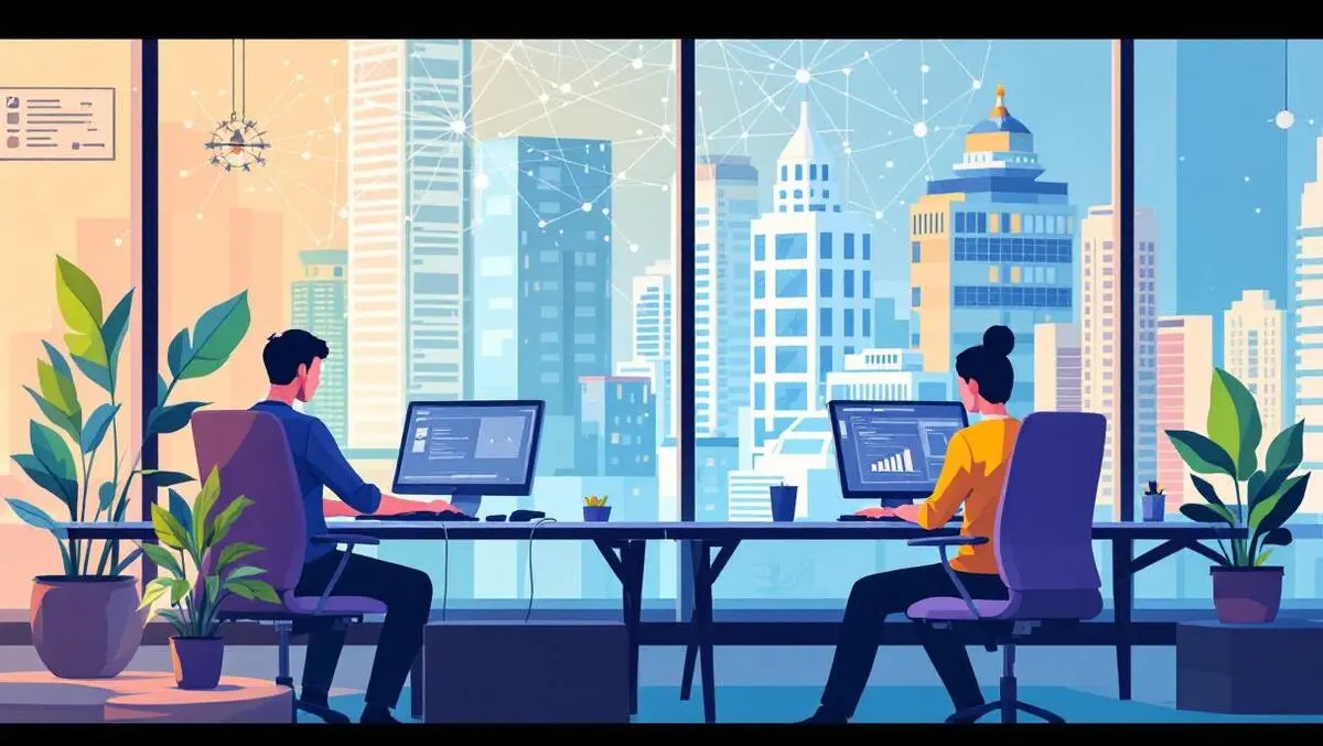 Entry level office workers global south city computers ai neural network background