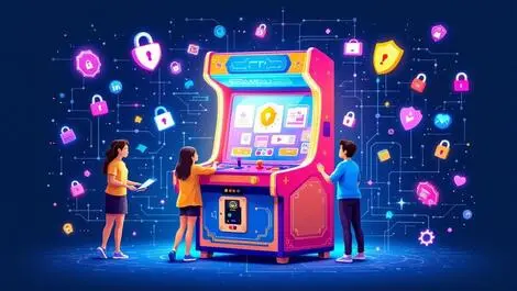 Colorful arcade game cabinet digital locks shields people interacting educational cybersecurity theme