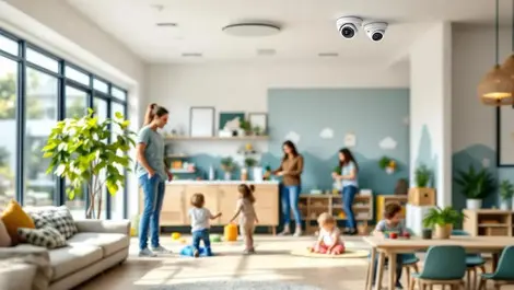 Modern australian childcare centre room with security cameras and children playing