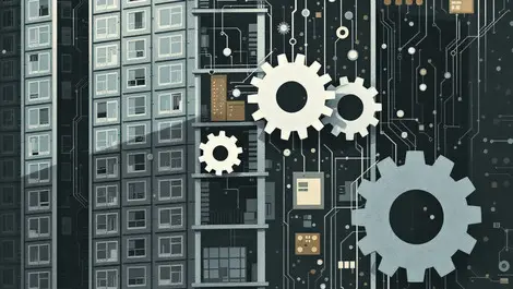 Apartment buildings with misaligned gears and circuitry symbolizing tech integration