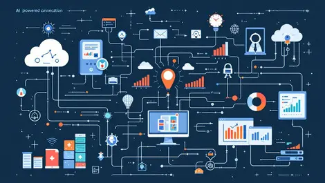 Stylized network dashboard interconnected servers devices nodes analytics monitoring