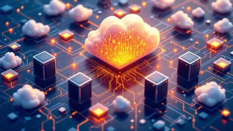 Detailed illustration cloud shaped structure surrounded by data centers servers network cables hybrid cloud it infrastructure