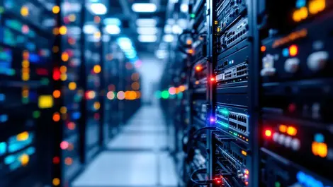 Modern server room organized network equipment switches routers cables blinking lights emea