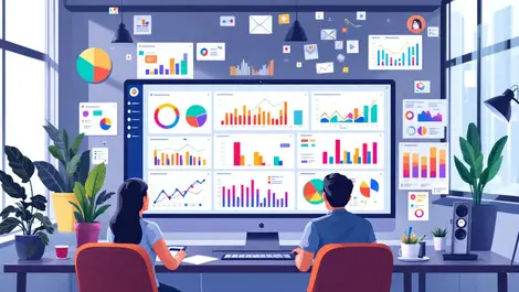 Colorful computer dashboard charts graphs busy marketers modern office