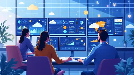 It professionals monitoring cloud infrastructure analytics graphs modern australian office