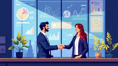 Australian bank office business people shaking hands digital charts credit access profitability