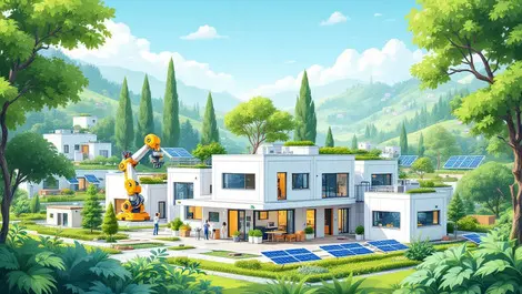 Modern factory assembling modular houses greenery solar panels automation