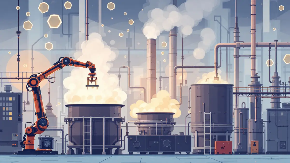 Modern chemical factory automated robots vats pipelines hexagonal molecules efficiency