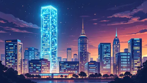 Australian cityscape modern office buildings skyscraper glowing connections