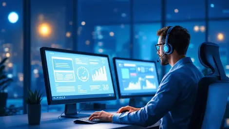 Realistic technical support engineer headset monitoring multiple screens night global customer service