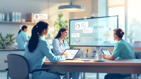 Healthcare professionals using computers tablets clinic workflow automation