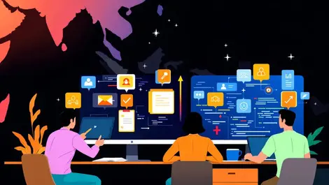 Software engineers analyzing code quality assurance icons map australia india singapore malaysia