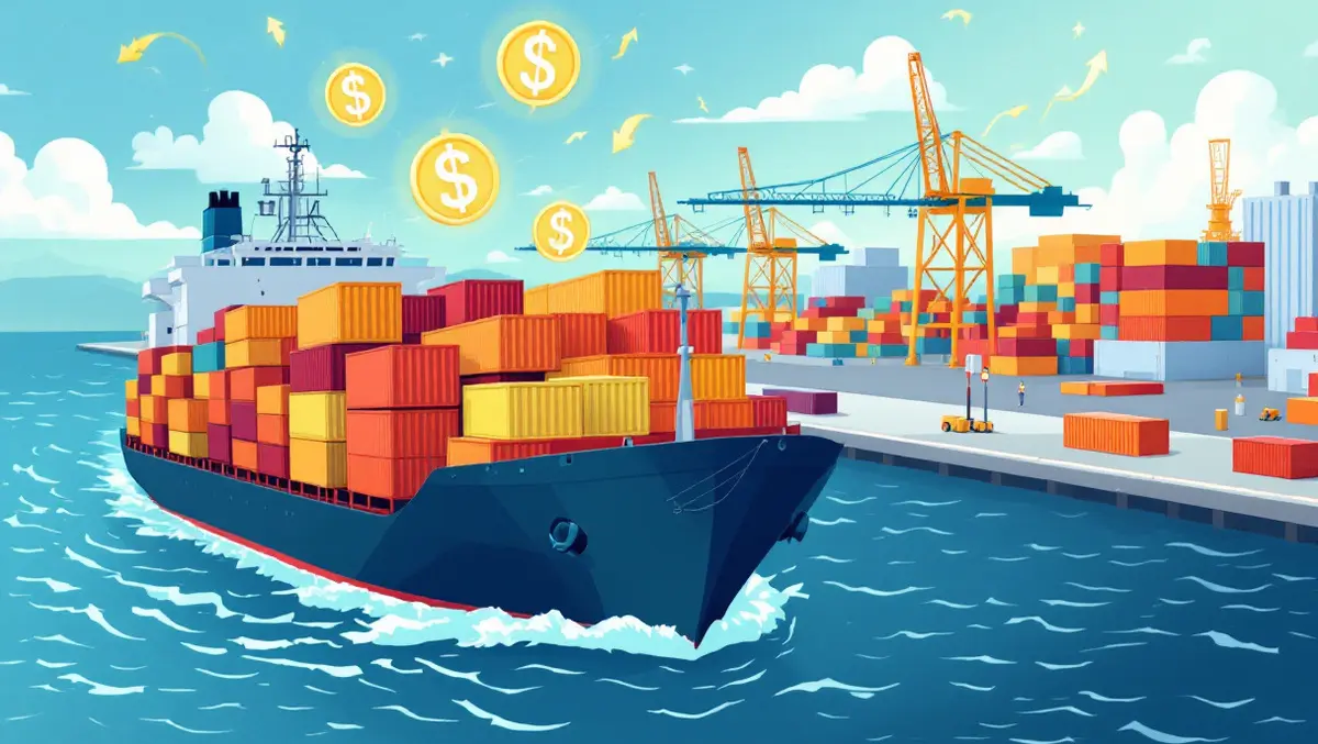 Realistic cargo ship containers port cranes dollar signs rising tariffs trading challenges