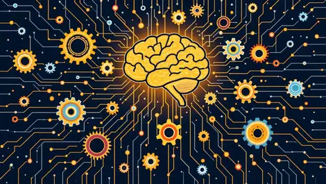 Interconnected gears circuit patterns glowing brain ai workflows productivity